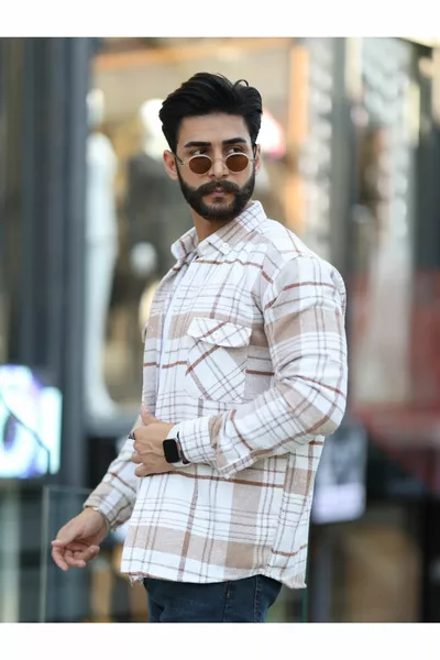 Men's White Beige Striped Double Pocket Flannel Shirt