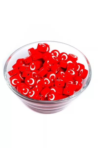  Stuks - Polymeer Fimo Kralen, Ronde Polymeerklei Kralen met het ontwerp van de Turkse vlag. 1e Kwaliteit