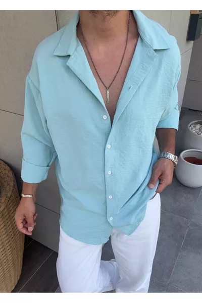 قميص رجالي باللون النعناعي بتصميم واسع وواسع الحجم بمظهر الكتان من أيروبين