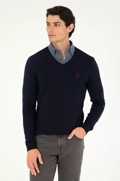 Men's Slim Fit V-Neck Navy Basic Sweater 