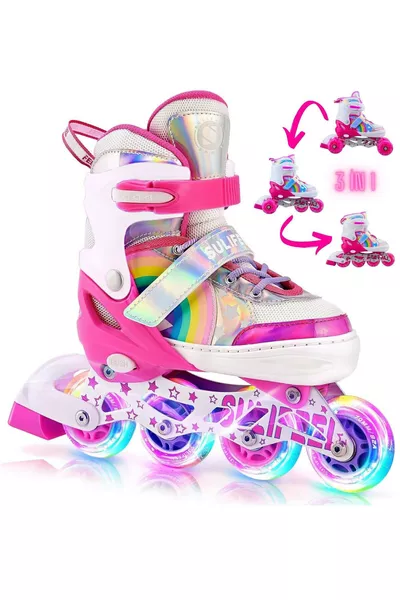 Pattini a rotelle Unicorn con luci 2+2 Arcobaleno per bambina, ruote in silicone, con borsa per il trasporto 3 in 1