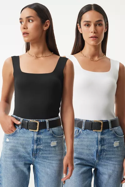 2'li Kare Yaka Kalın Askılı Triko Bluz SİYAH BEYAZ 