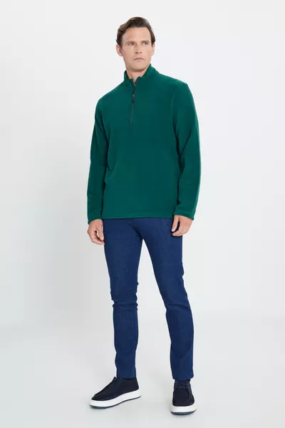 سويت شيرت قطبي رجالي أخضر مضاد للتكتل وغير منفوش، بقصة قياسية وياقة منتصبة، مقاوم للبرد