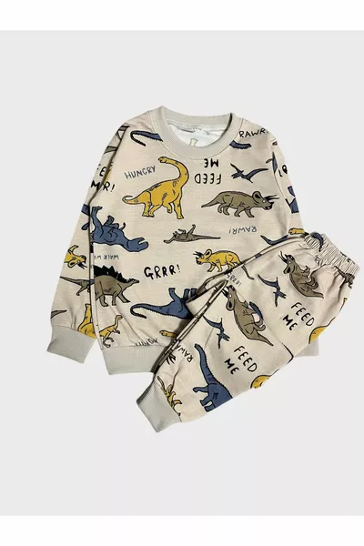 Boys' Cotton Brown Dinosaur Pattern Long Sleeve Winter Pajama Set