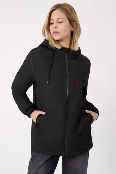 Women's Black Fur Hooded Winter Coat & Overcoat & Parka, Water and Windproof