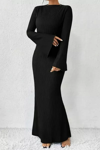 Women's Long Sleeve Ragged Stitch Crew Neck Ribbed Dress