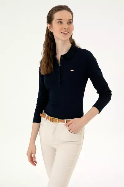Sweat-shirt femme basique à col polo bleu marine 