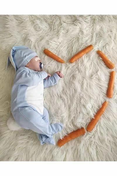 طقم رضيع حديث الولادة للفتيان مع أرنب، بدلة خروج من المستشفى قطنية للرضع حديثي الولادة باللون الأزرق