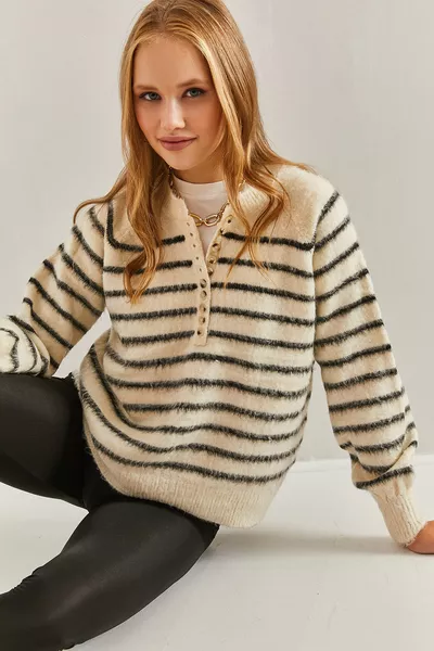 Maglione Donna a Righe con Bottoni, Girocollo a Costine,  Bottoni