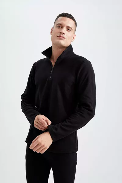 سويت شيرت بولار بسحاب نصف طويل وياقة مرفوعة، قصة عادية AU