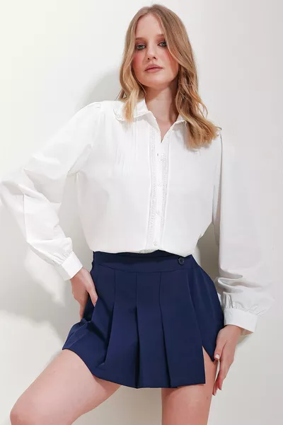 Women's White Princess Sleeve Yoke Ribbed Lace Neck Woven Shirt 