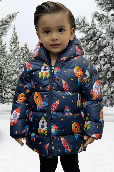 Giacca Invernale Imbottita con Cappuccio in Pile da Ragazzo con Motivo Razzo & Cappotto & Parka