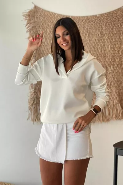 سويت شيرت نسائي بأكمام واسعة، ذو ياقة بولو وغطاء رأس