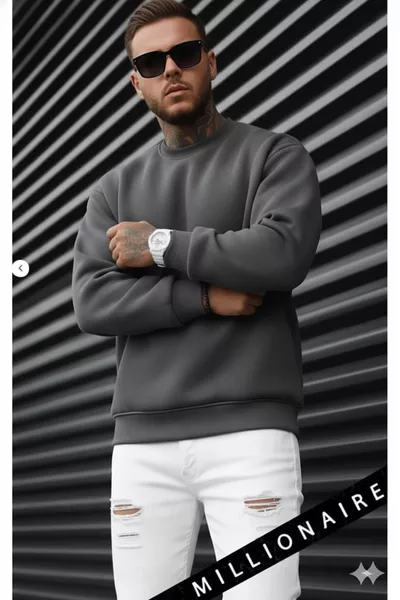 سويت شيرت بولار رجالي ساده بلون الفحم، ياقة صفر، بدون طبعة، قصّة واسعة ومريحة