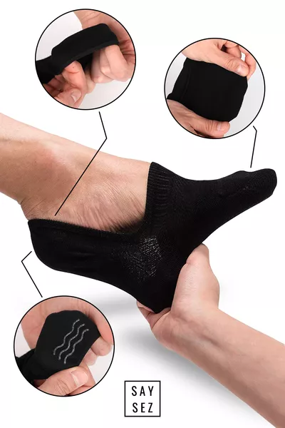 حذاء نسائي بامبو مسطح أسود، جوارب غير مرئية خالية من الغرز بمؤخرة مانعة للانزلاق مع سيليكون، عبوة فاخرة مكونة من 6 قطع