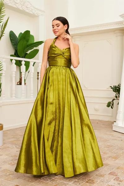 فستق أخضر التفتا فستان سهرة طويلة