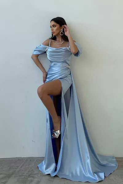 كم بالون وحجر التفاصيل alller تصميم أنيق الساتان مساء اللباس