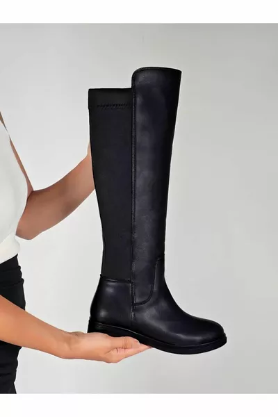 Stivali in pelle con cerniera sopra il ginocchio nero da donna - Comodo ed elegante ginocchio sotto il ginocchio flessibile paracadute tessuto