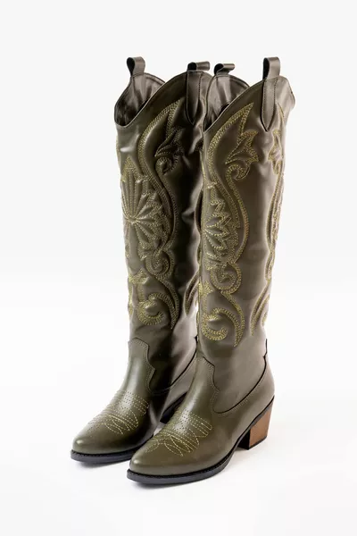المرأة كاوبوي الغربية الكاكي فو الجلود المطرزة أحذية طويلة