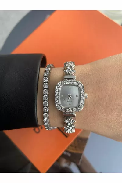 اللون الفضي خمر الحجر ساعة اليد