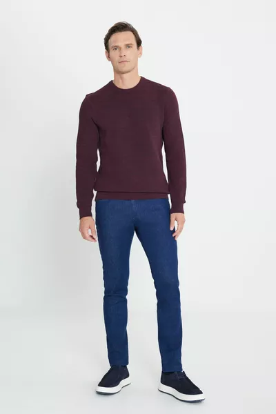 Bordeaux-marineblauwe Standard Fit Normaal gesneden gebreide trui met ronde hals en patroon voor heren
