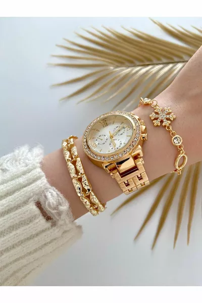Goldfarbenes Metallarmband Damenarmbanduhr und Kombination Armband Set