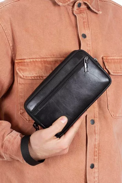 حقيبة يد وخصر سوداء من الجلد الطبيعي مقاومة للماء للجنسين (CM)