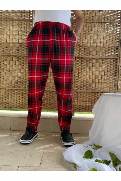 Men's % Cotton Checkered Waist Elasticated Pockets Pajama Bottoms Tracksuit Red