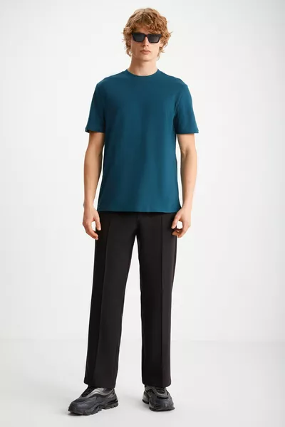 ميشيل للرجال سليم فيت سليم قطع ٪ قطن عضوي منزلق التماس أساسي محبوك أزرق بترولي T-