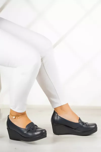 Shay Navy Blue Genuine Leather Padded Heels Casual Shoes