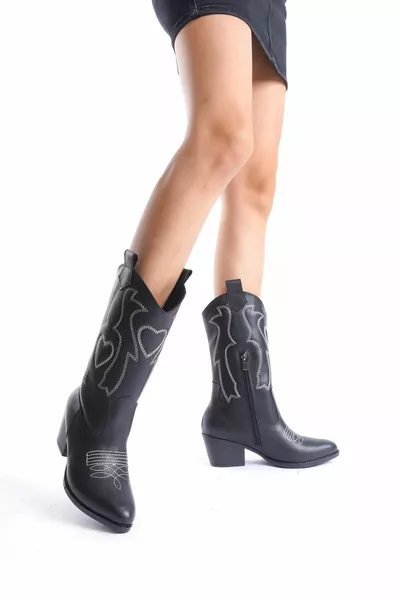 Черна кожа Бяло сърце бродиран каубойски цип Западни дамски ботуши