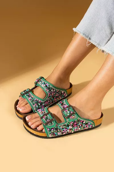 Зелен естествен камък ортопедична подметка чехли Катарама с двойна каишка Ежедневни ежедневни чехли