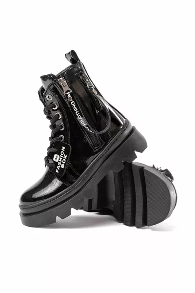 Mädchen Schwarze wasserdichte Stiefel aus Lackleder mit doppeltem Reißverschluss