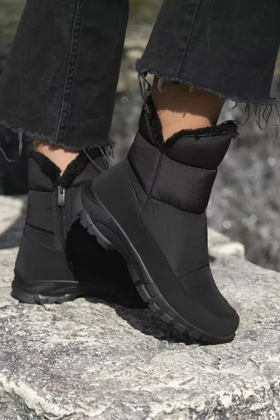 Black Non-slip Zipper Women's Snow Boots with Fur Inside Sole