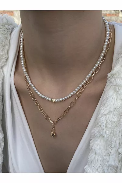 Combined gold chain pearl heart necklace