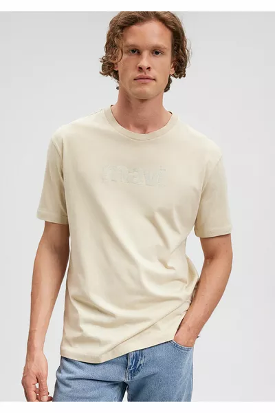 Logo Baskılı Bej Tişört Loose Fit / Bol Rahat Kesim 