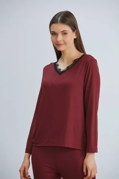 Viscose Knitted Lace Long Sleeve Pajama Set Women Burgundy