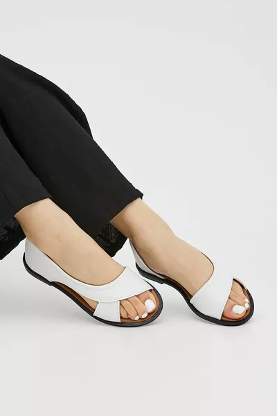 Бели дамски сандали с отворена предна част Летни обувки Балетни равни обувки