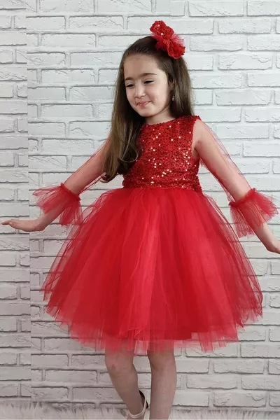 Robe Fille en Tulle Paillettes Rouge