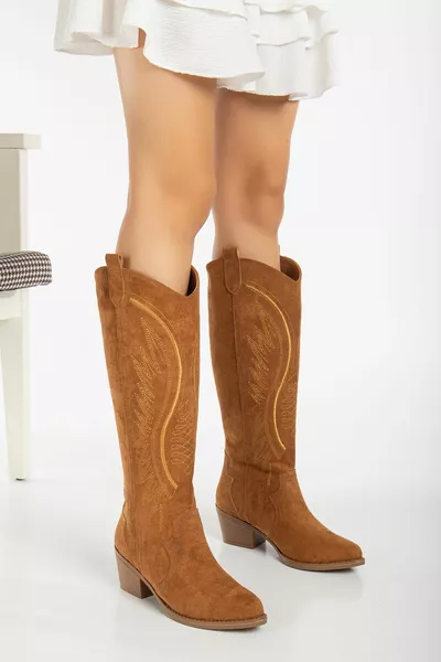 RISSOLI TAN CINNAMON Suède geborduurde Western Cowboy Cowgirl Boots laarzen