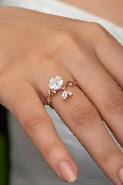 Bague en argent sterling  réglable branche fleur de magnolia