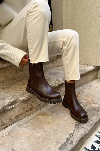 Lennon Brown Genuine Leather Elastic Detail Thick Sole Women Boots