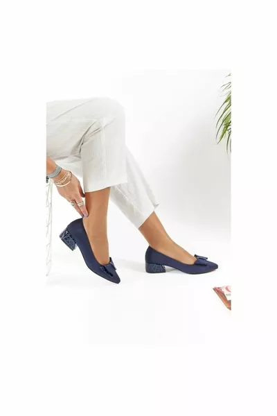 Bleu marine luxe daim noeud classique femmes chaussures talon court