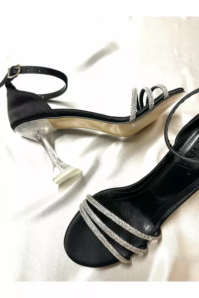 Dame Zwarte Satijnsteen Zeer Stijlvolle 8 Cm Transparante Hakken Stompe Vierkante Neus Bruiloft Verloving Avondjurk Schoenen