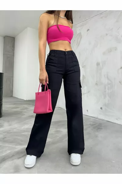 Poche cargo noire Lycra taille haute pantalon large