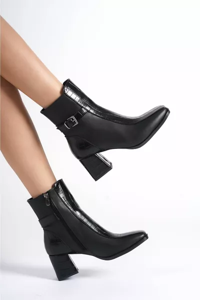 Дамски черен цвят крокодилски щампа кожени миди ботуши с тъпи пръсти и къси токчета