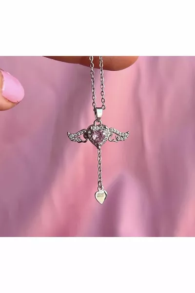 L Acciaio Colore Oro Cuore Alato Modello Zircone Pietra Dettaglio Donna Collana