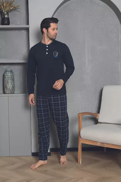 Мъжки пениран тъмносин кариран комплект карирана пижама с дълъг ръкав