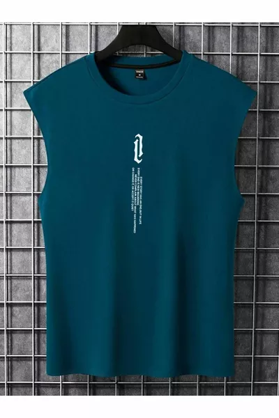 Erkek Petrol Mavi Dikey Baskılı Kolsuz Oversize T-shirt