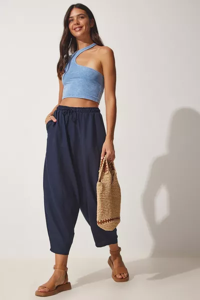 المرأة الأزرق الداكن جيوب الكتان فسكوزي بنطلون فضفاض 